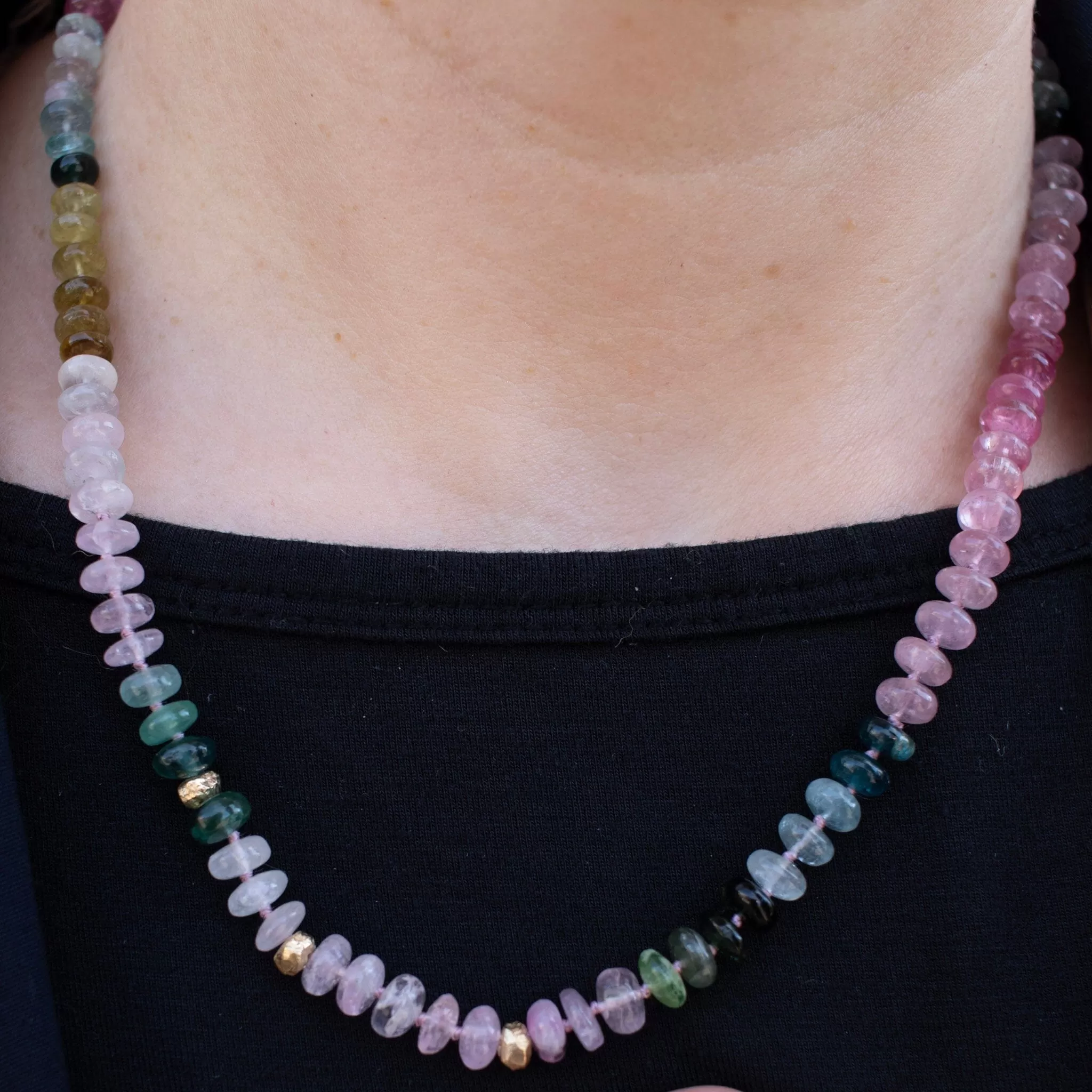 18K Carved Bead and Tourmaline Strand Necklace