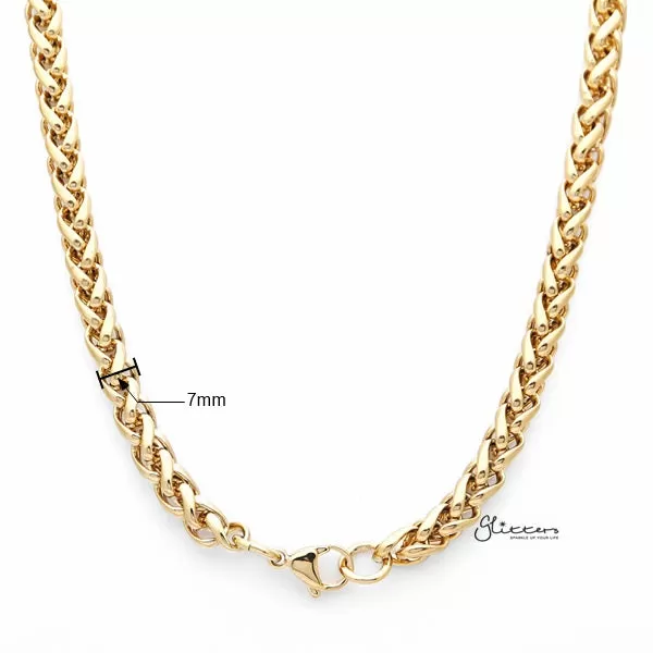 18K Gold I.P Stainless Steel Braided Wheat Chain Men's Necklaces - 7mm width | 61cm length