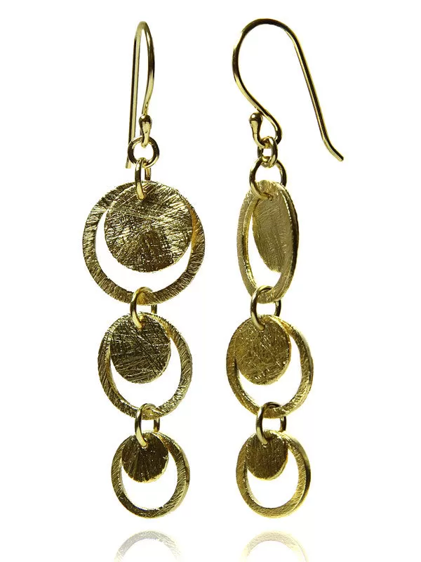 18K Gold Plated Brushed Three Circle Drop Earrings