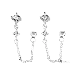 925 Sterling Silver Two C.Z with Chain Stud Earrings - Silver