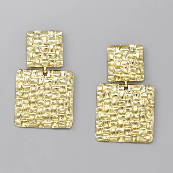 Basket Weave Texture Square Metal Drop Earrings