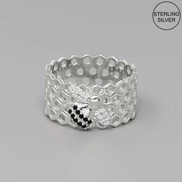 Bee Detail Honeycomb Sterling Silver Ring