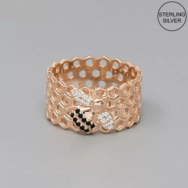 Bee Detail Honeycomb Sterling Silver Ring