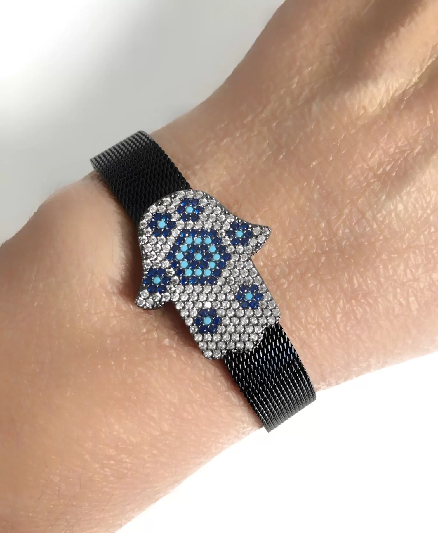 Black Cuff for Women Cubic Zirconia Hamsa Hand