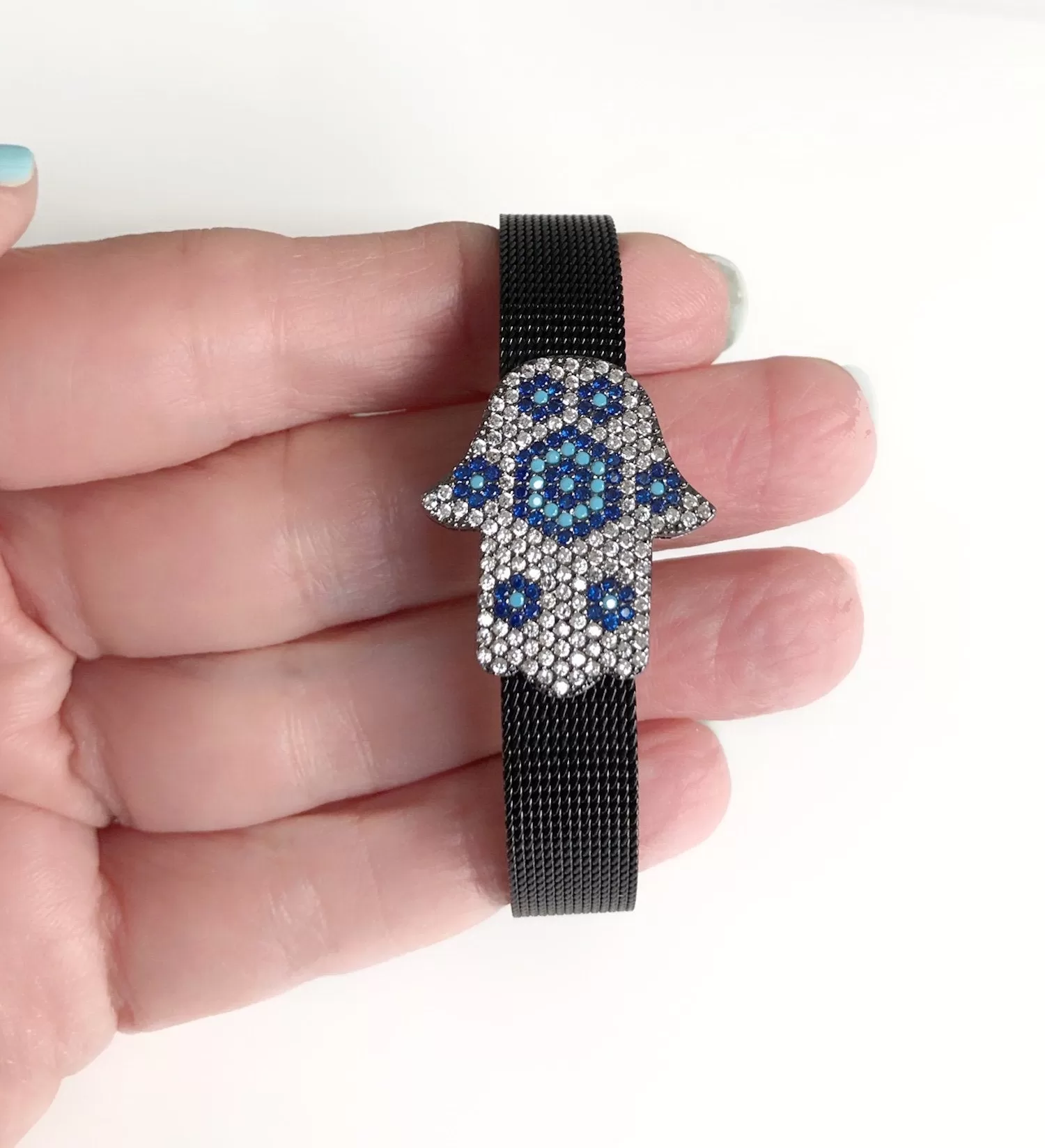 Black Cuff for Women Cubic Zirconia Hamsa Hand