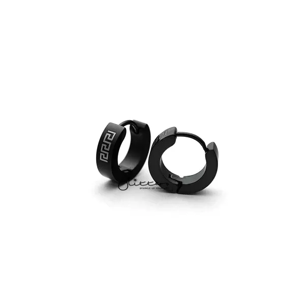 Black Titanium IP Stainless Steel Greek Key Hinged Hoop Earrings