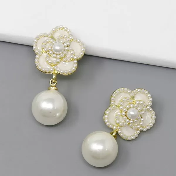 Camellia Flower Pearl Drop Earrings