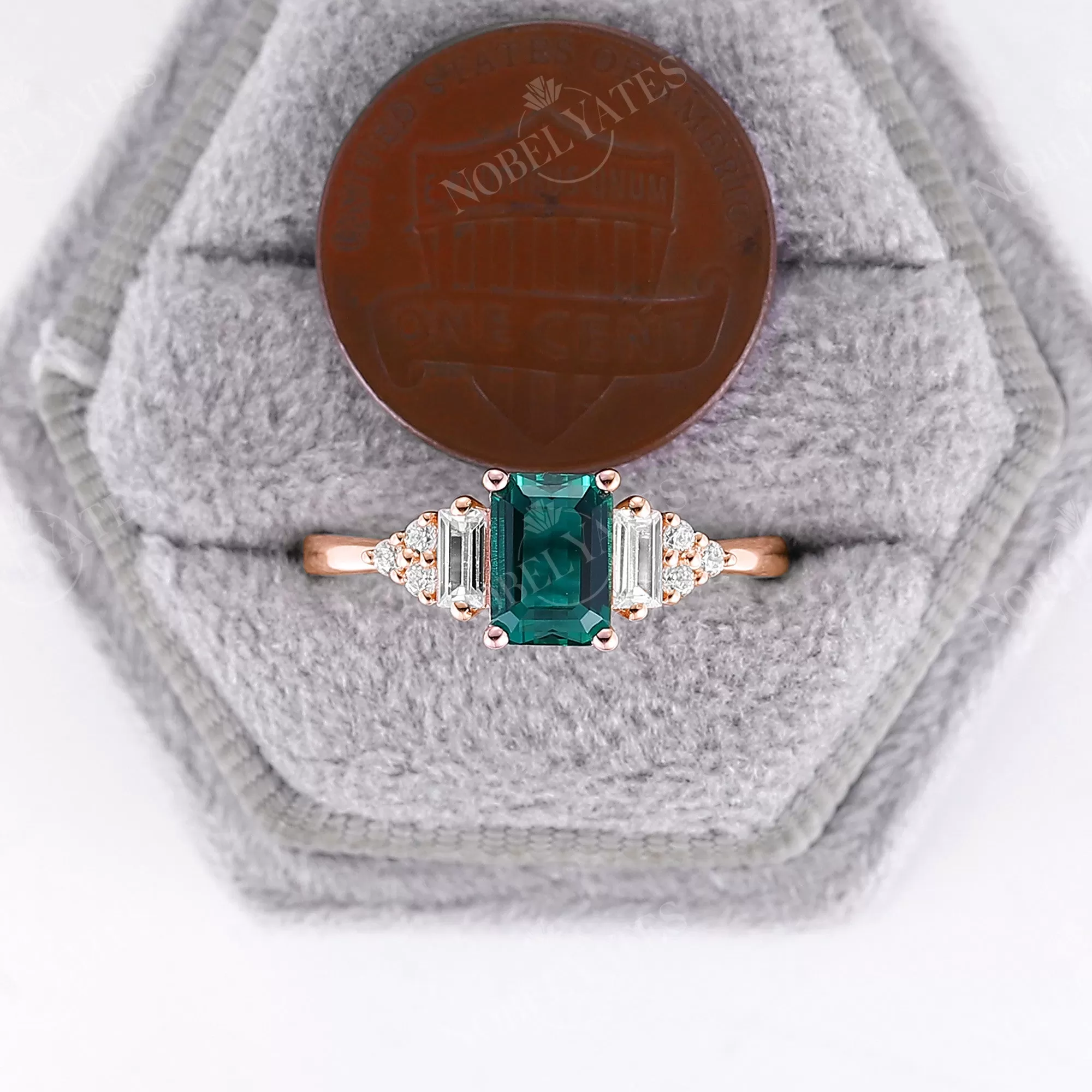 Emerald cut Lab Emerald Cluster Diamond Engagement Ring Rose Gold