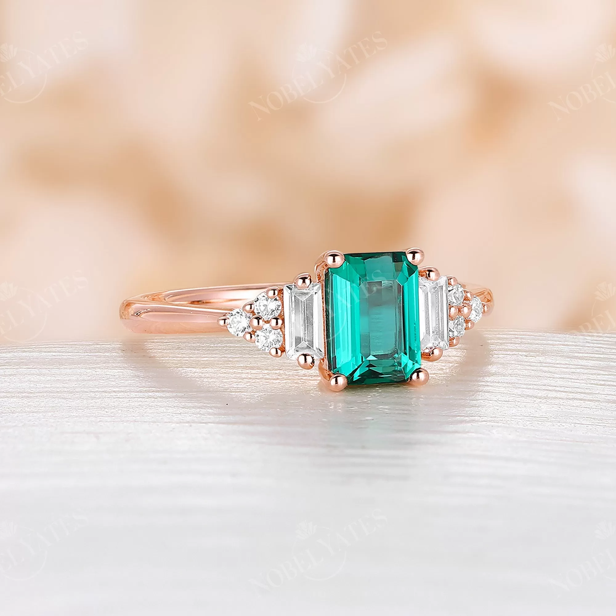 Emerald cut Lab Emerald Cluster Diamond Engagement Ring Rose Gold