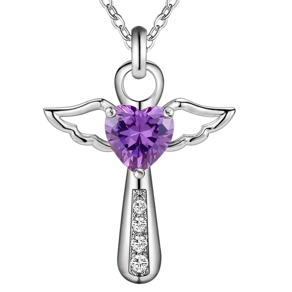 Genuine 925 Sterling Silver WWJD Angel Wings Heart Zirconia Pendant Necklace