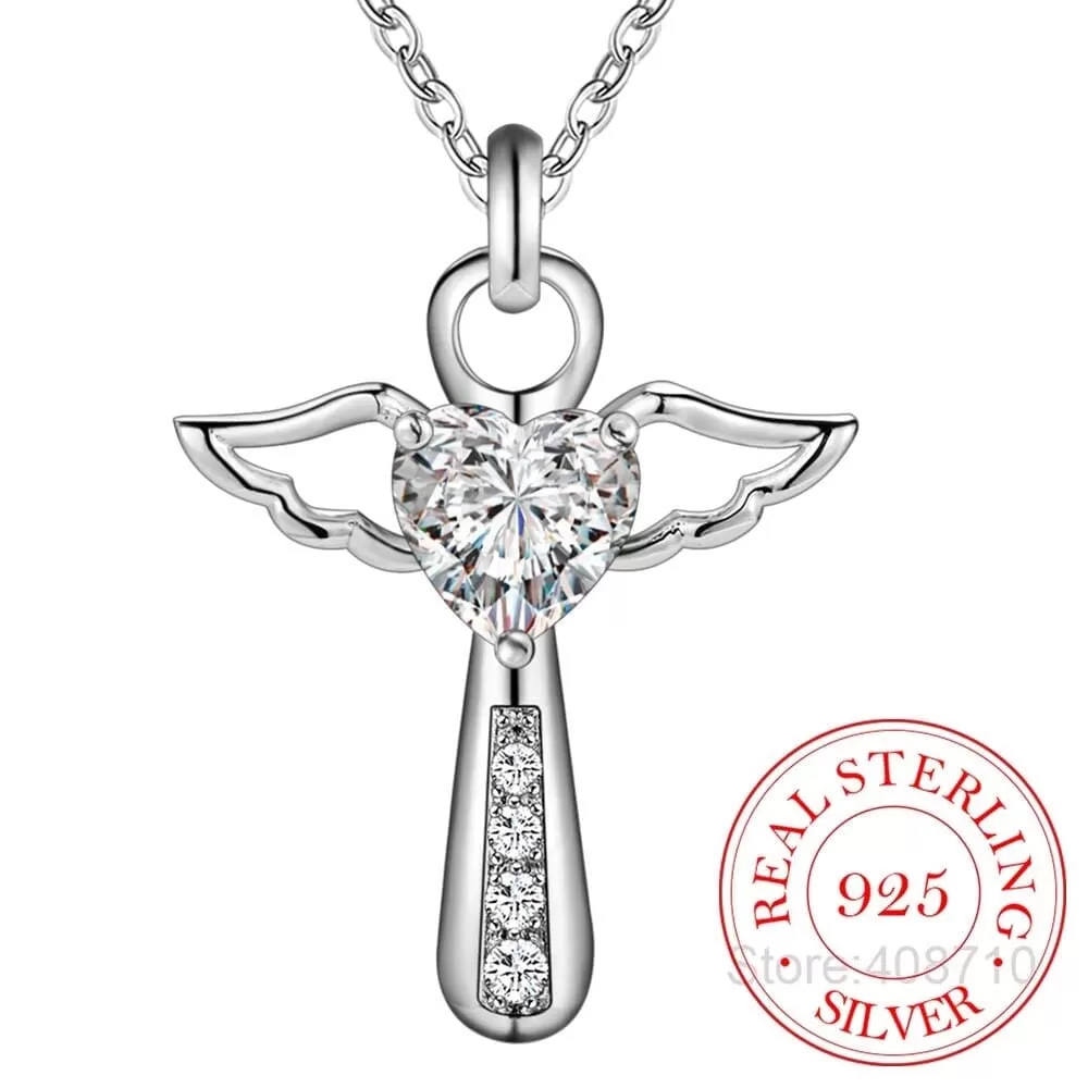 Genuine 925 Sterling Silver WWJD Angel Wings Heart Zirconia Pendant Necklace