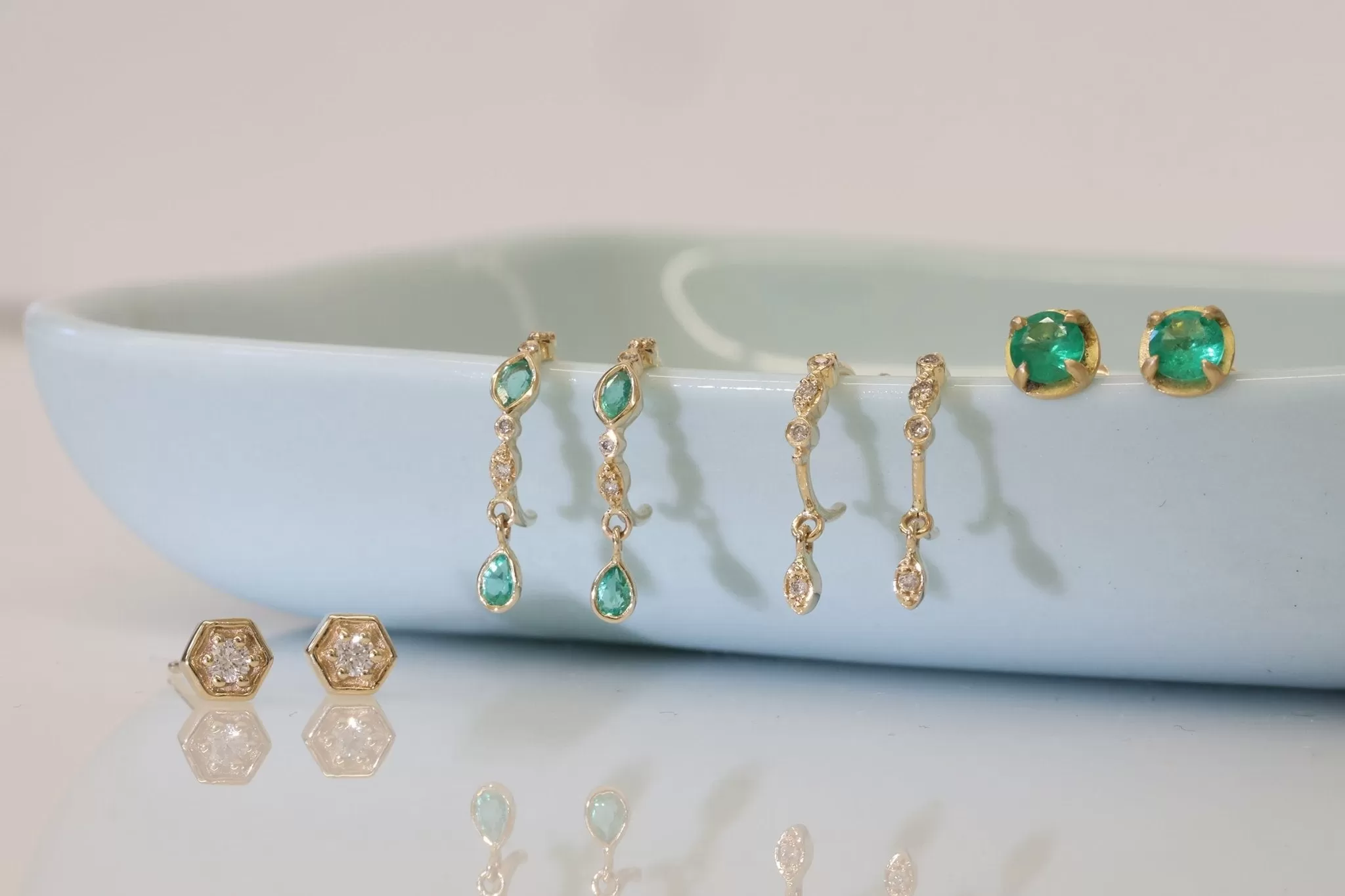 Gold Emerald and Diamond Eye Hoops