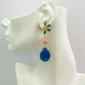 Green Agate & Carnelian Stud with White Topaz, Cherry Quartz & Blue Jade Twinset Earrings