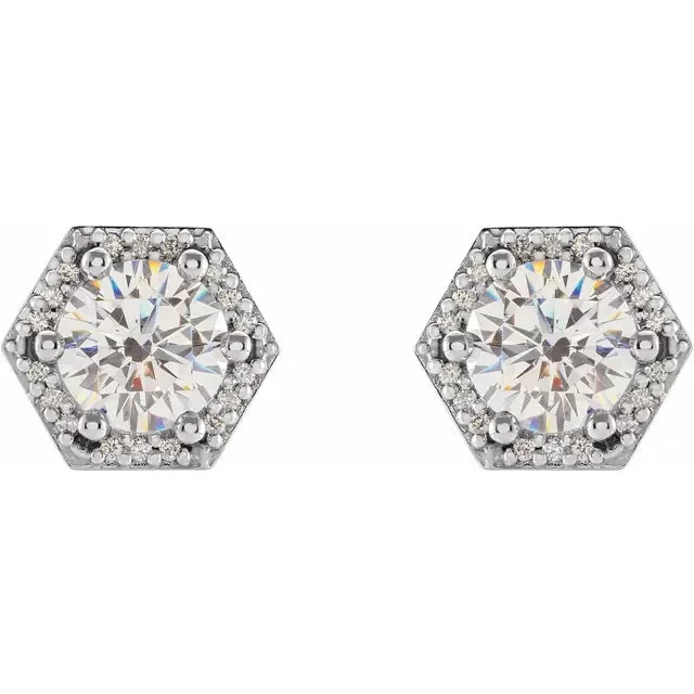 Hexagon Halo Round Moissanite & Diamond 6 Prong Earrings