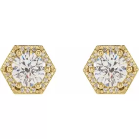 Hexagon Halo Round Moissanite & Diamond 6 Prong Earrings