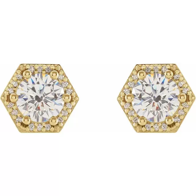 Hexagon Halo Round Moissanite & Diamond 6 Prong Earrings