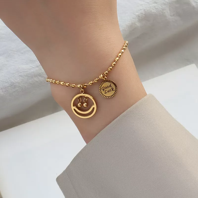 Hip-hop lucky bead  smile face 18k titanium steel gold plated bracelet