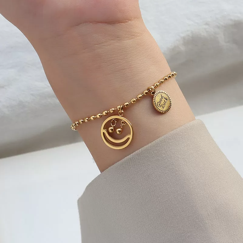 Hip-hop lucky bead  smile face 18k titanium steel gold plated bracelet