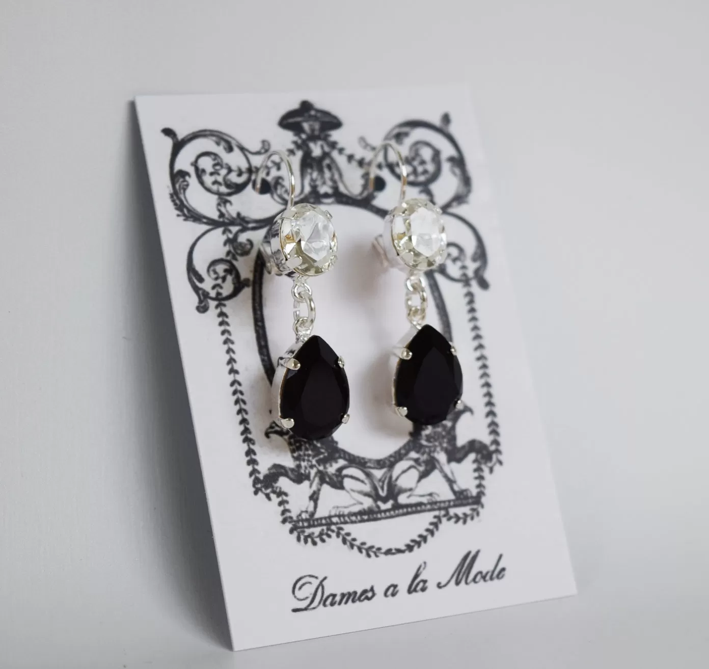 Jet Black and Clear 2-Stone Dangle Earrings