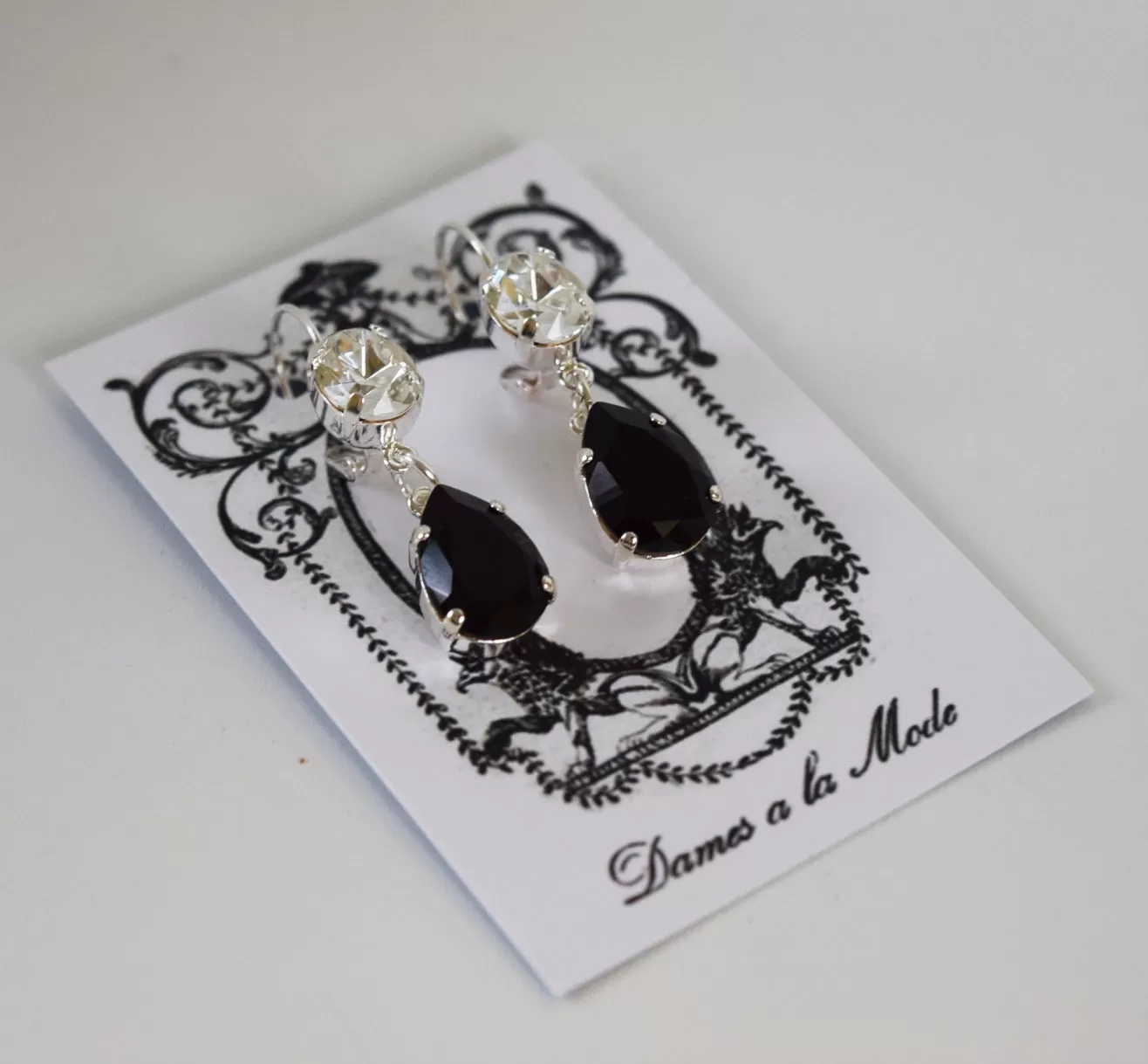 Jet Black and Clear 2-Stone Dangle Earrings