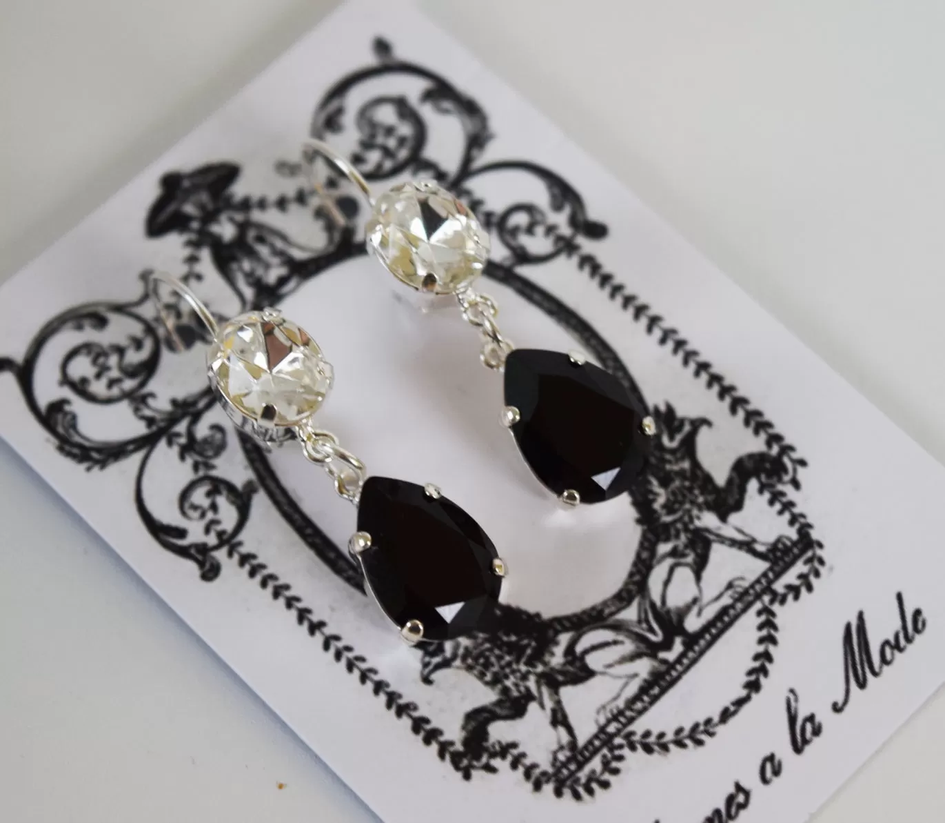 Jet Black and Clear 2-Stone Dangle Earrings