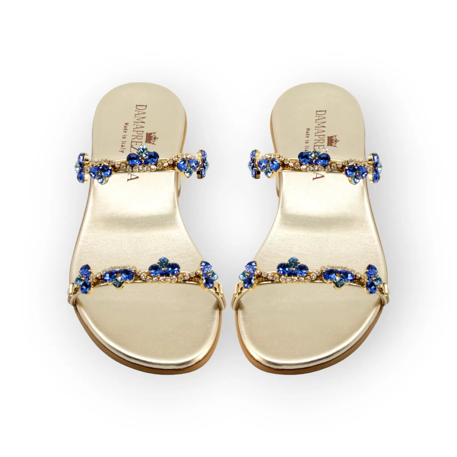 Kate Gold Sandal In Blue Shades Crystals