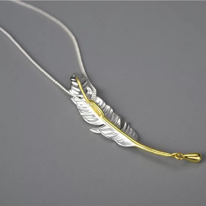 Long Goose Feather Pendant Necklace - 925 Sterling Silver