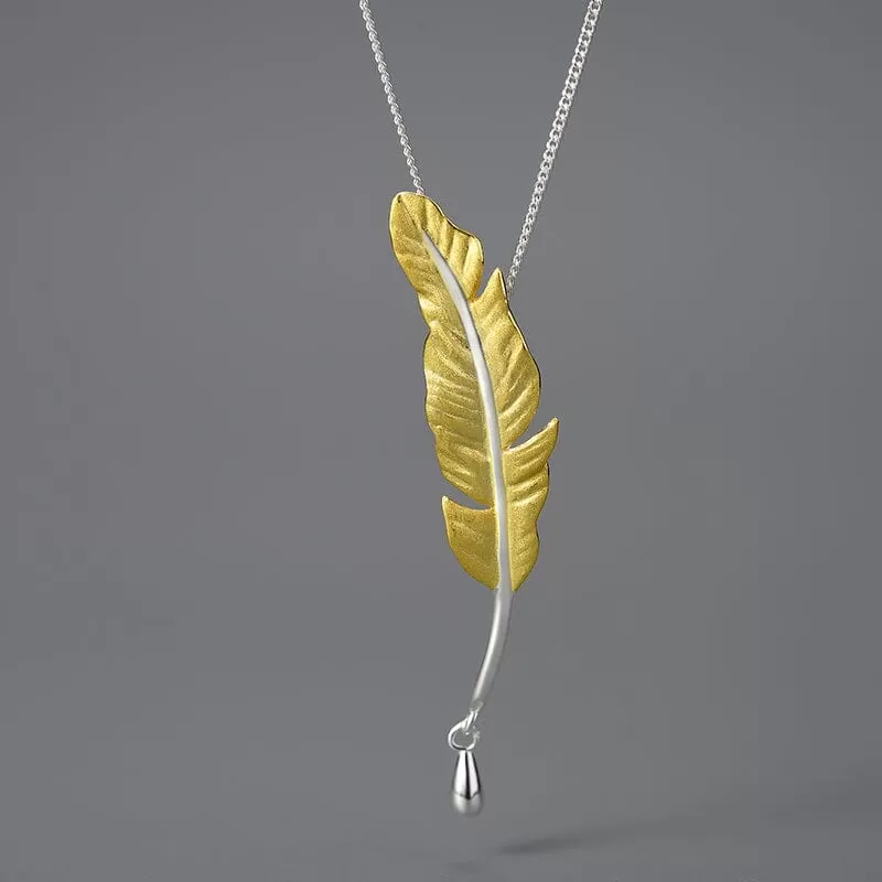 Long Goose Feather Pendant Necklace - 925 Sterling Silver