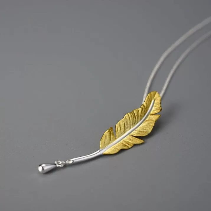 Long Goose Feather Pendant Necklace - 925 Sterling Silver