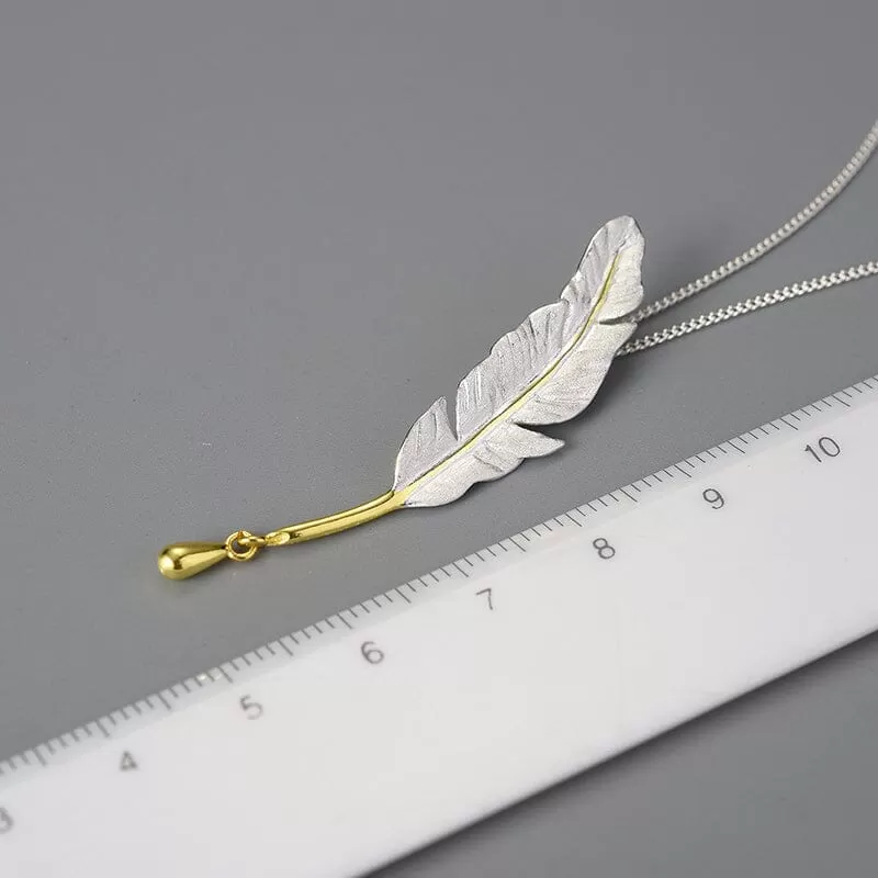 Long Goose Feather Pendant Necklace - 925 Sterling Silver