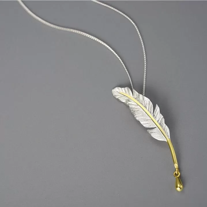 Long Goose Feather Pendant Necklace - 925 Sterling Silver