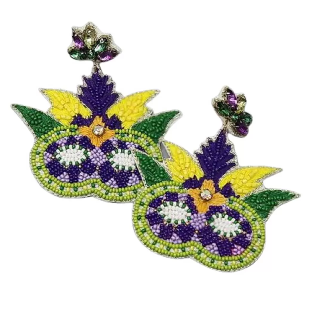 Mardi Gras Mask Seed Bead Drop Earrings