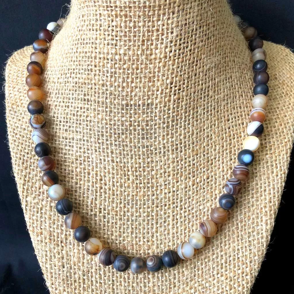 Matte Brown Agate Mens Beaded Necklace