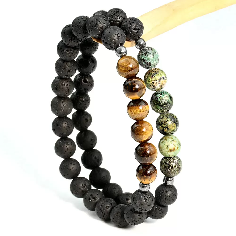 Men’s Lava Bead Natural Stone Tiger Eye Stretchy Bracelet Set