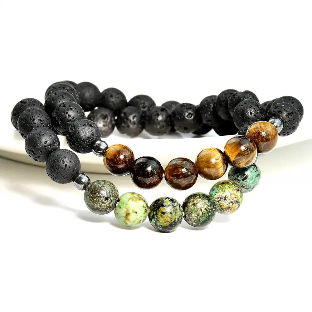 Men’s Lava Bead Natural Stone Tiger Eye Stretchy Bracelet Set