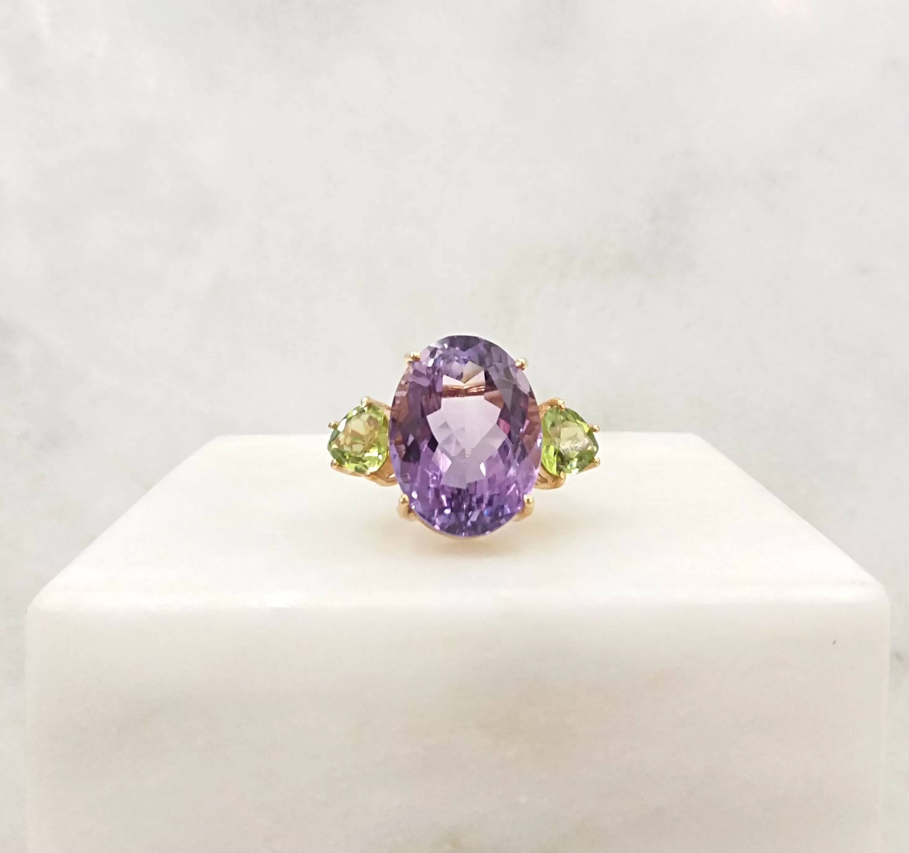 Oval Amethyst with Heart shaped Peridot sidestones Cocktail Ring