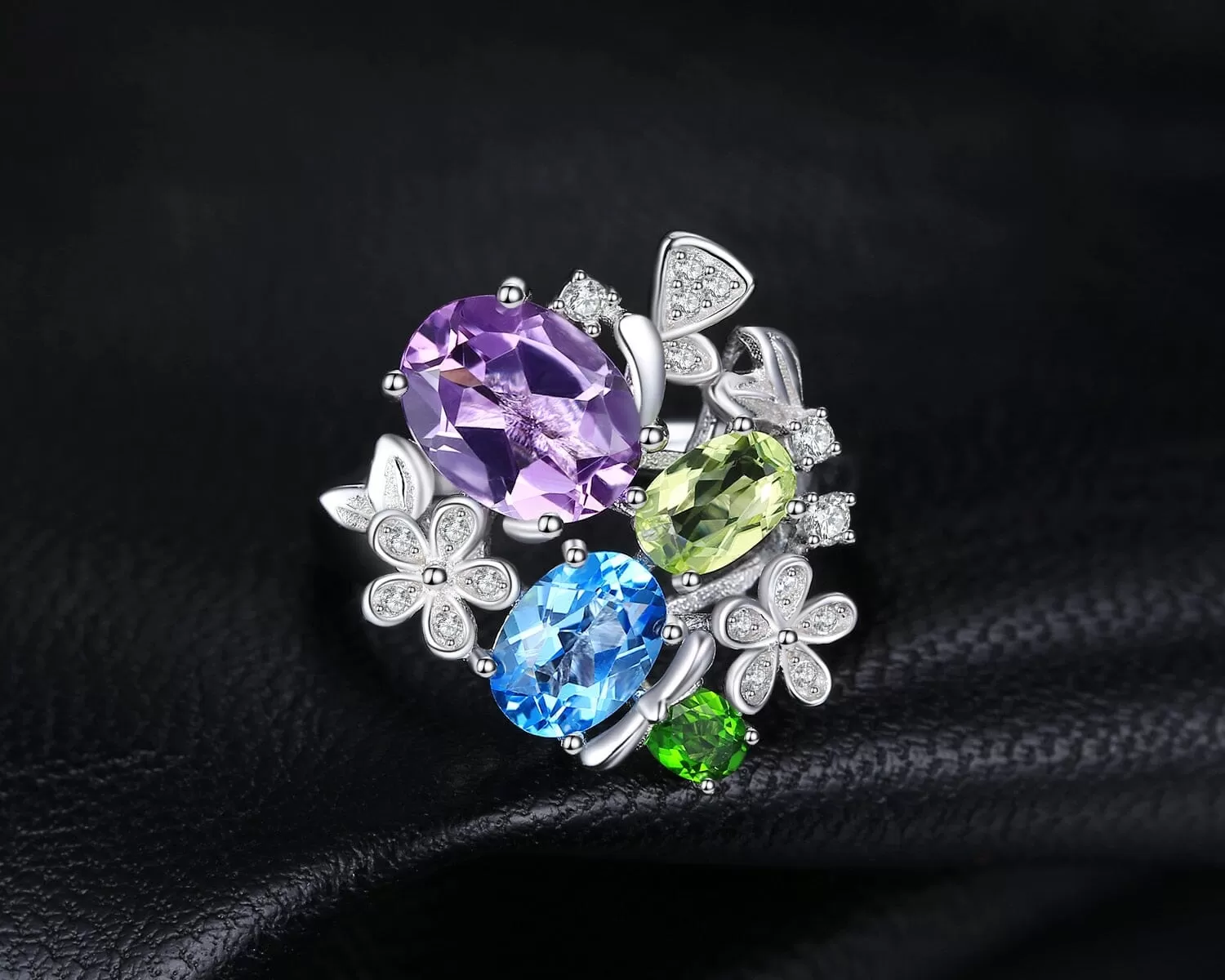 Peridot, Amethyst, & Blue Topaz Resizable 925 Sterling Silver Cocktail Ring