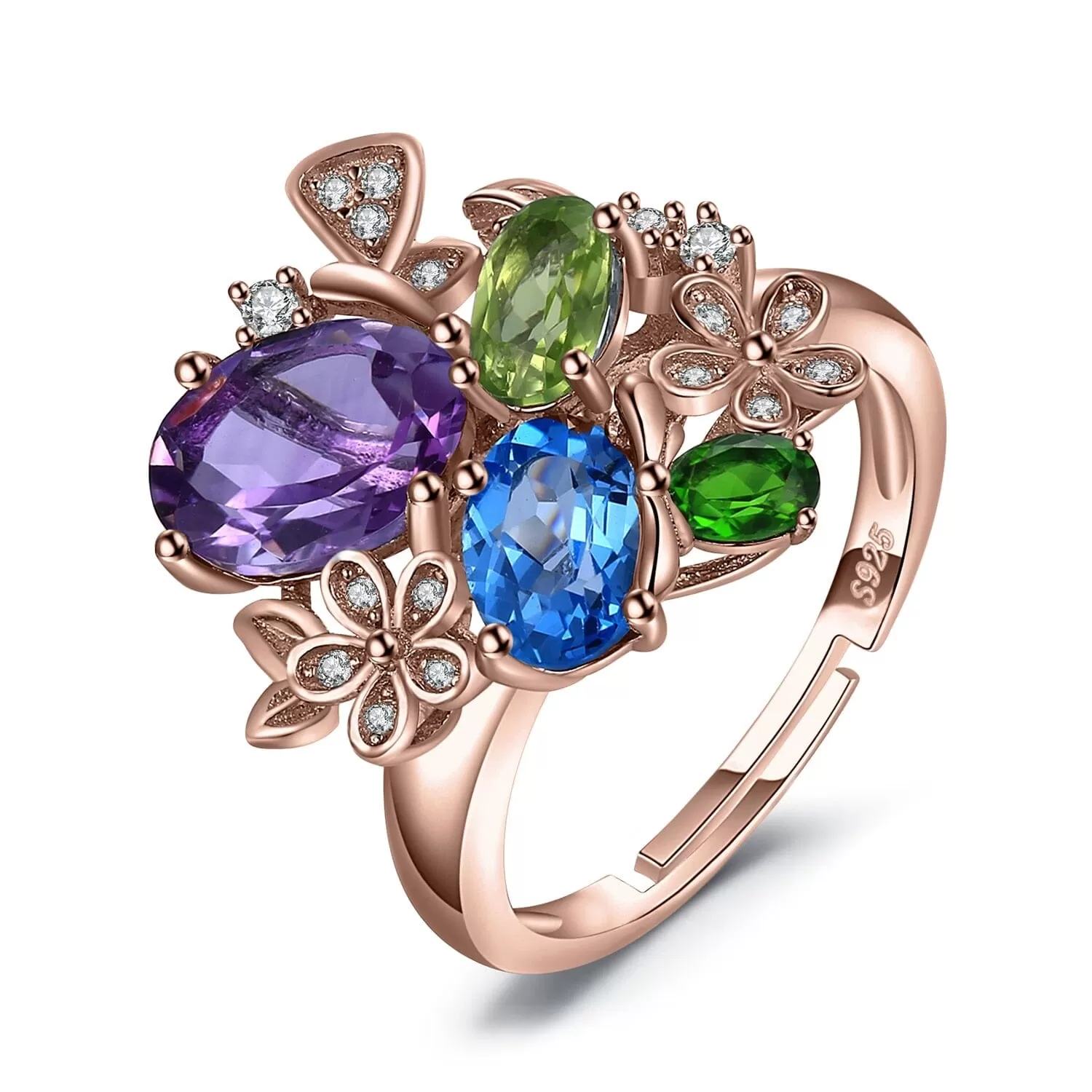 Peridot, Amethyst, & Blue Topaz Resizable 925 Sterling Silver Cocktail Ring