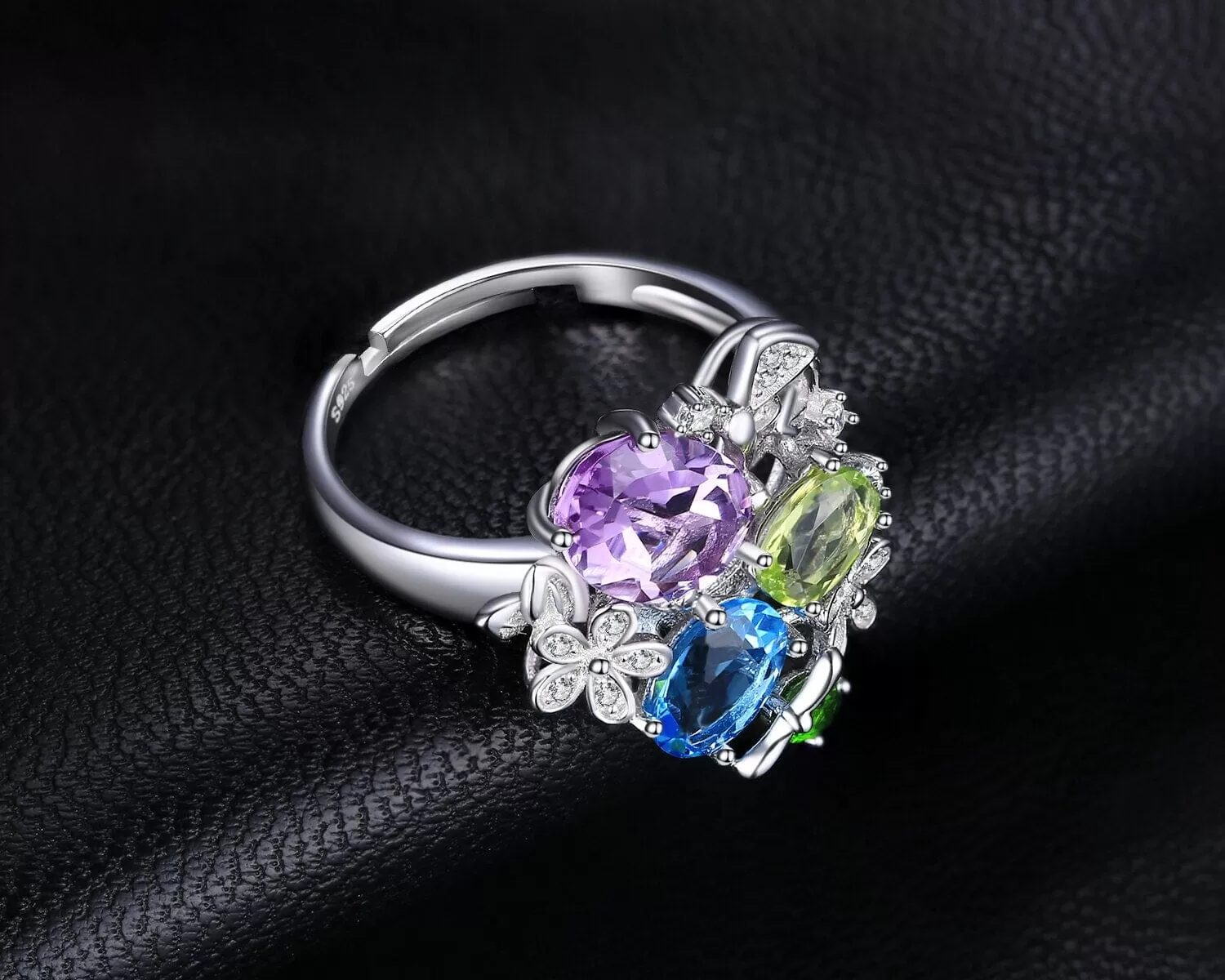 Peridot, Amethyst, & Blue Topaz Resizable 925 Sterling Silver Cocktail Ring