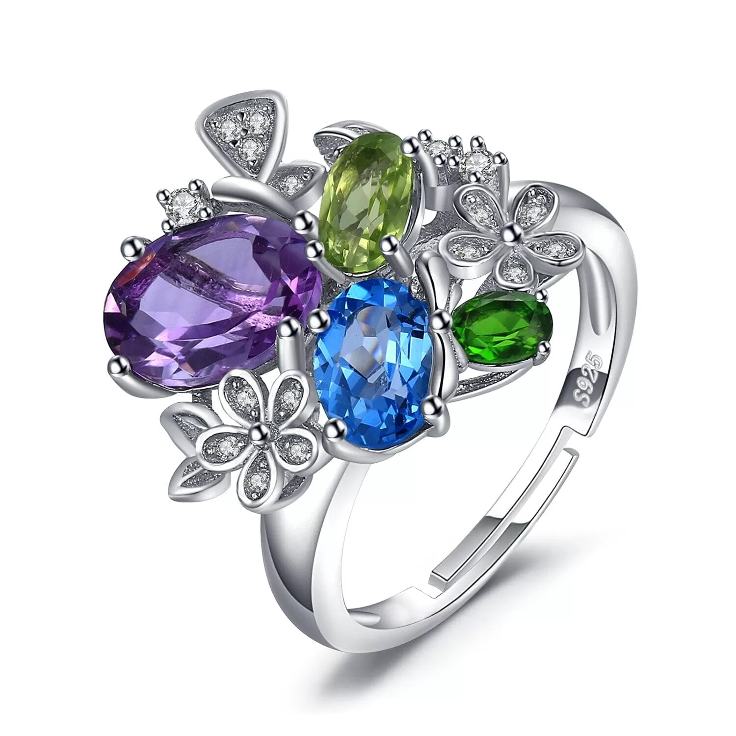 Peridot, Amethyst, & Blue Topaz Resizable 925 Sterling Silver Cocktail Ring