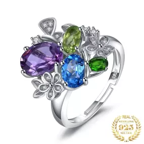 Peridot, Amethyst, & Blue Topaz Resizable 925 Sterling Silver Cocktail Ring