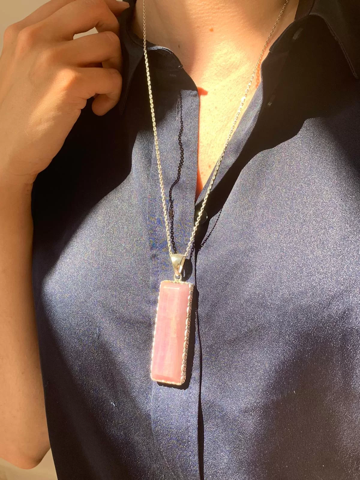 Pink Kunzite Lilith Pendant - Skinny Rectangle