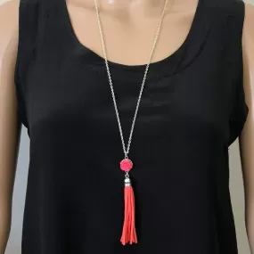 Pink Rose Flower and Tassel Long Necklace