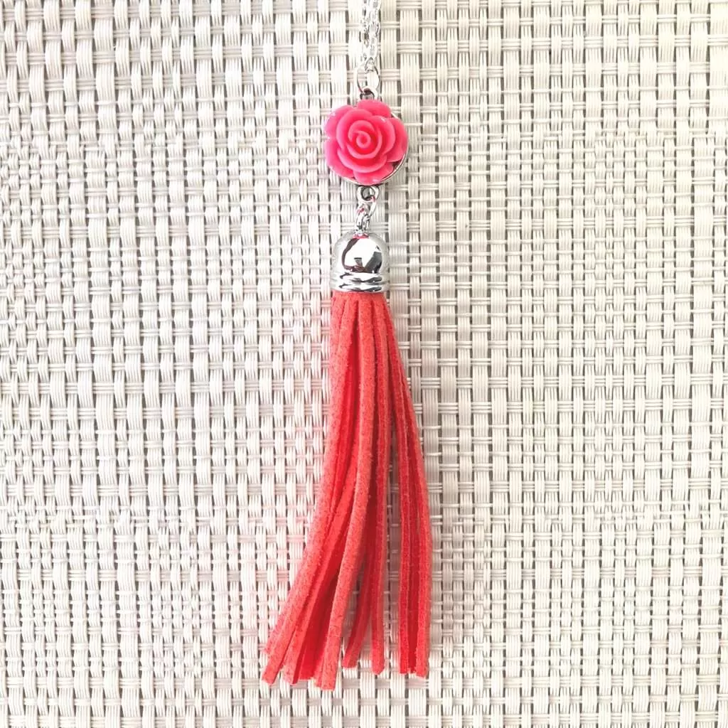 Pink Rose Flower and Tassel Long Necklace