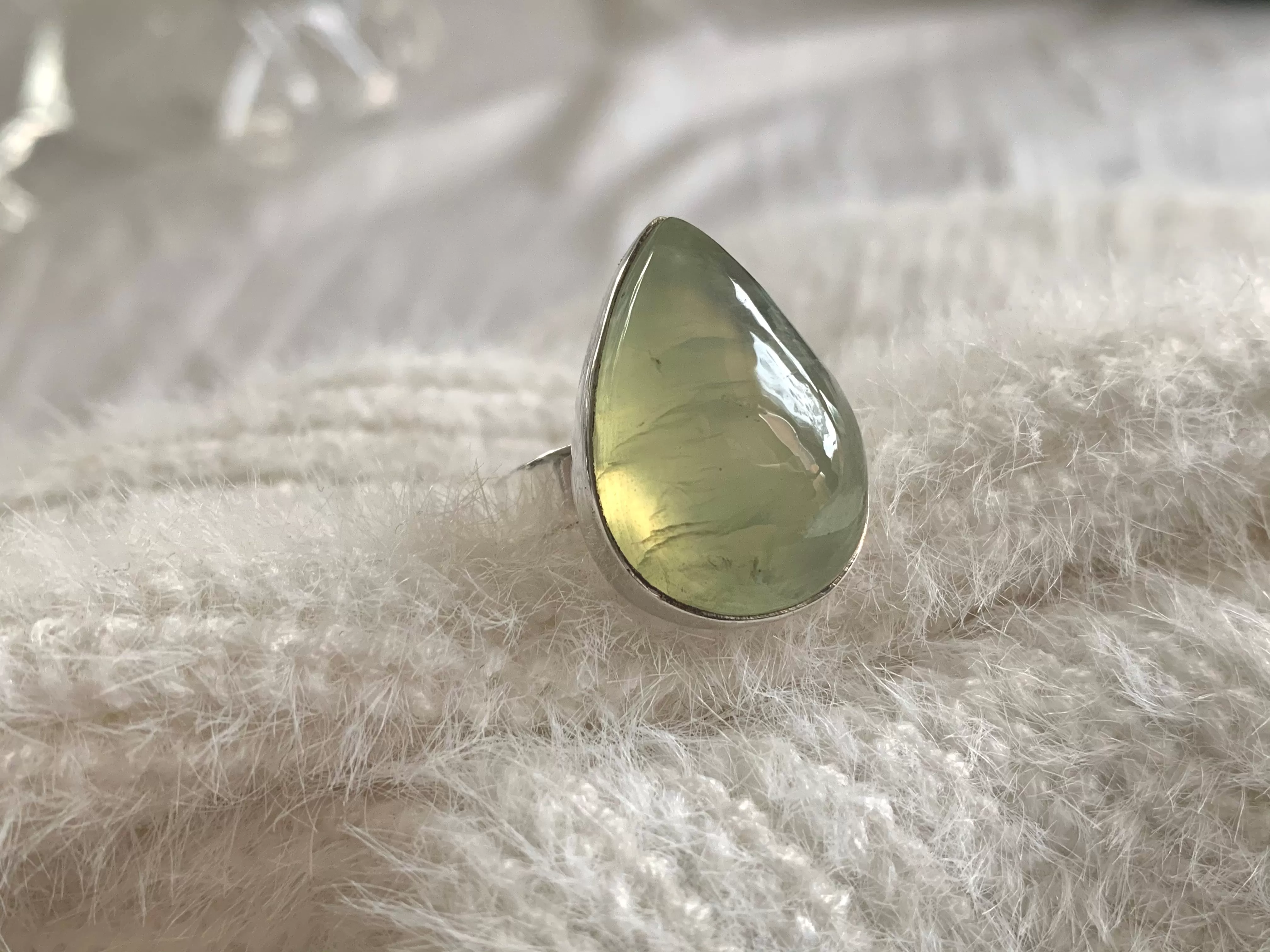 Prehnite with Epidote Akoni Ring - Medium Teardrop (US 7 & 8)