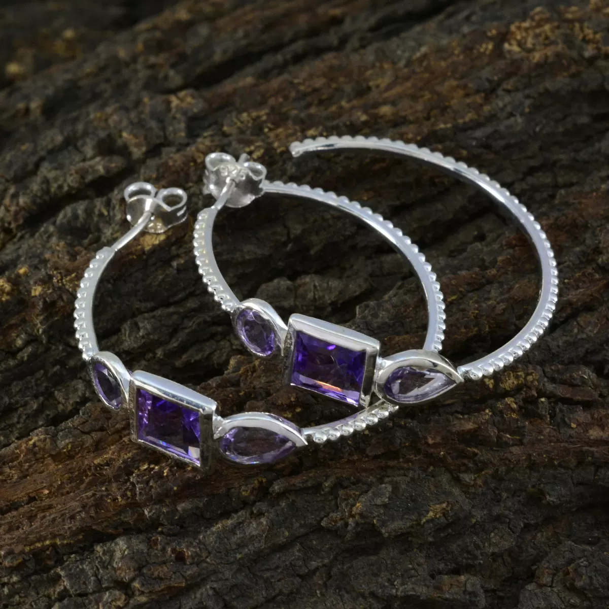 Riyo Cute 925 Sterling Silver Earring For Female Amethyst Earring Bezel Setting Purple Earring Hoop Earring