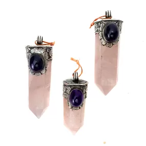 Rose Quartz Obelisk Sterling Silver Pendants with Fine Amethyst Cabochons