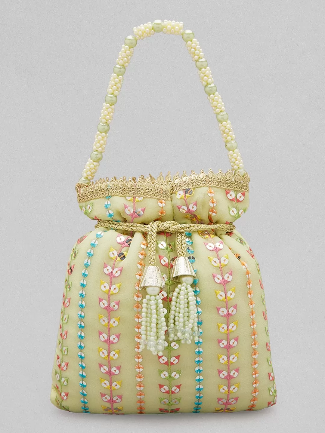 Rubans Pista Coloured Potli Bag With Multicoloured Embroidery Design