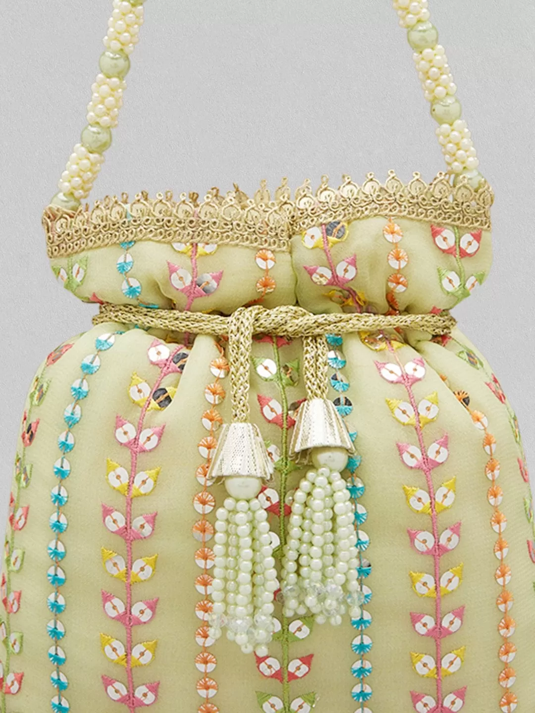 Rubans Pista Coloured Potli Bag With Multicoloured Embroidery Design