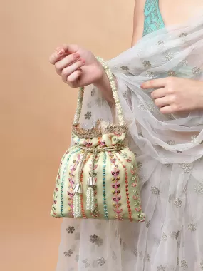 Rubans Pista Coloured Potli Bag With Multicoloured Embroidery Design